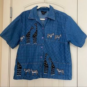 Retro Life Style Embroidered Denim Button Down Blouse